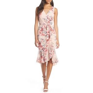 Elija Pink Blush Floral Ruched Chiffon Faux Wrap Dress. Size 8